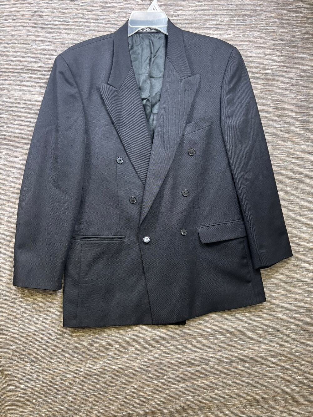 Kasper Pure Wool Double Breasted Blazer Coat Jacket Mens Size 42T Black Casual